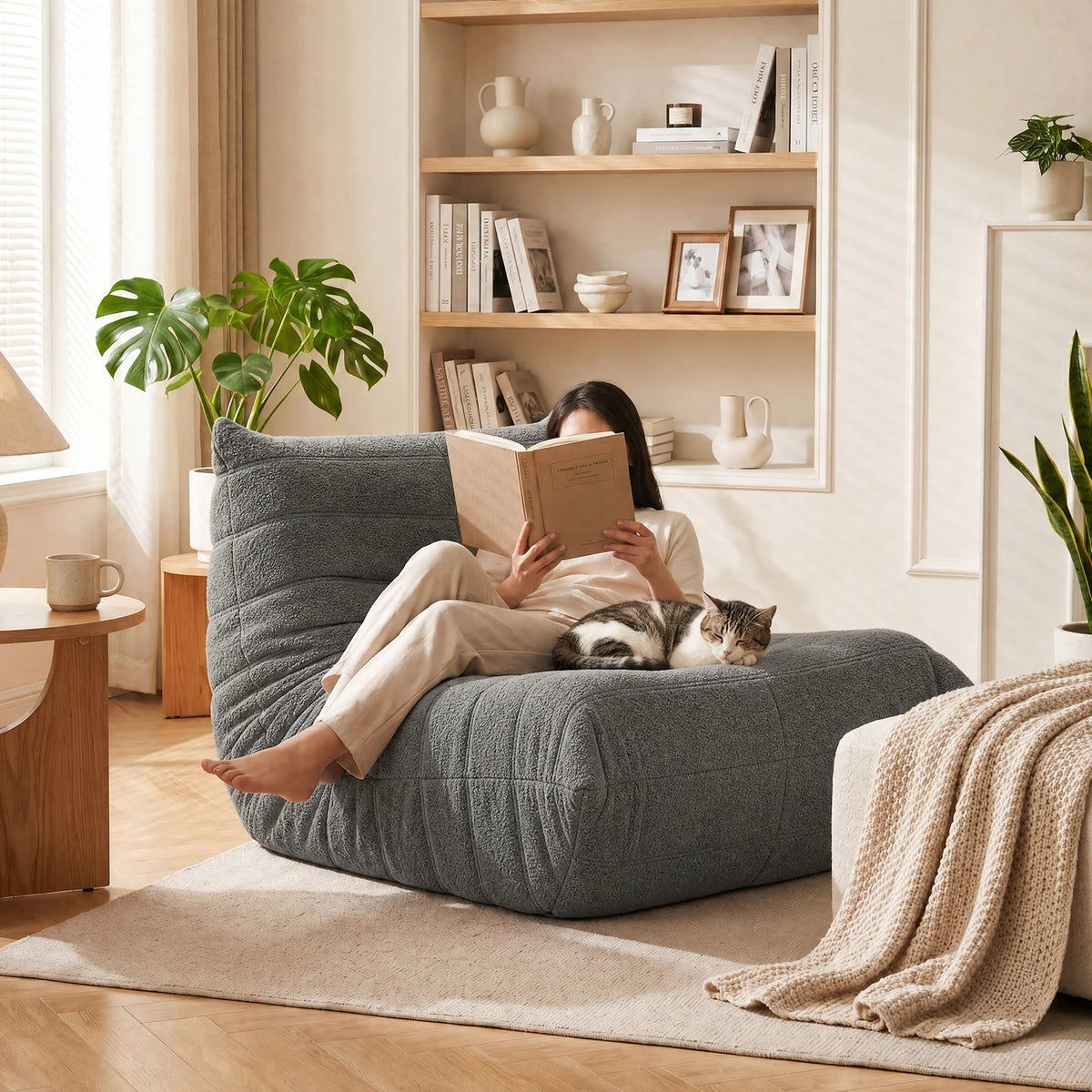 Dune, fauteuil lounge bas gris, coin lecture avec un plaid