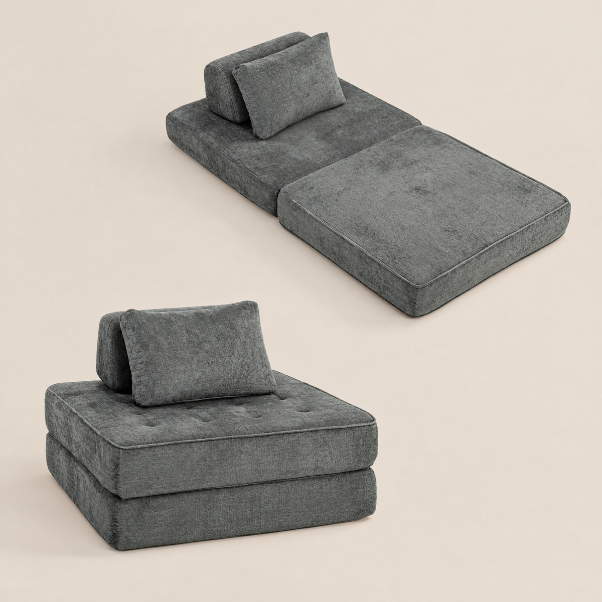 Escale, fauteuil convertible 2-en-1 en chenille grise, en mode fauteuil et en mode lit