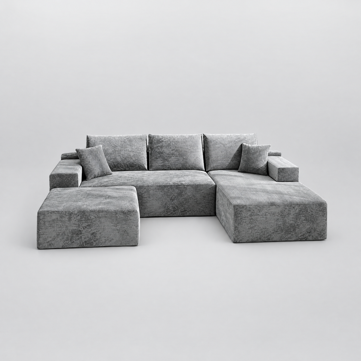Horizon, canapé d'angle modulable en U en velours gris, sur fond neutre