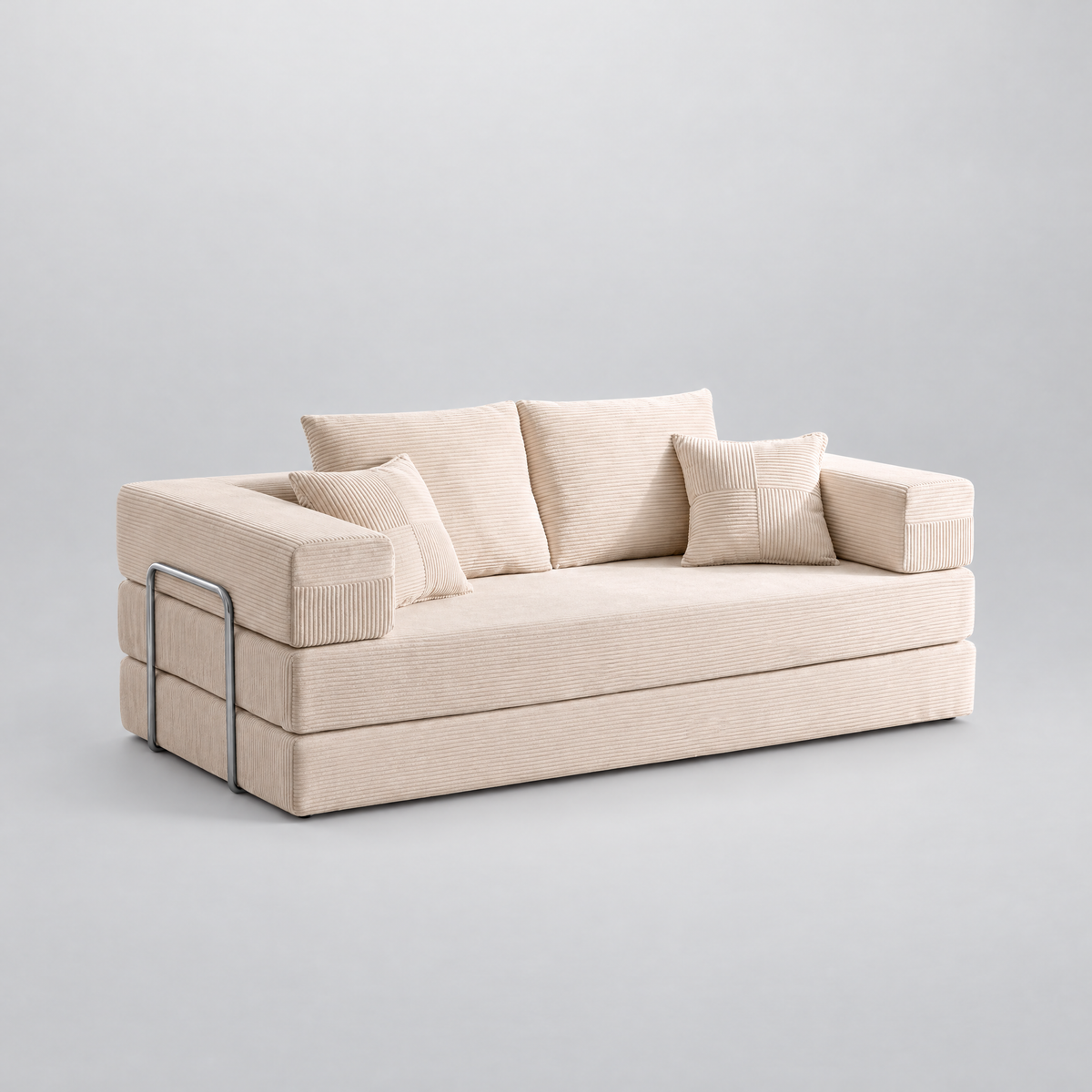 Nuage, canapé-lit modulable en velours côtelé beige, vu de trois quarts sur fond neutre